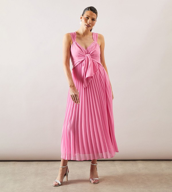 Pleated Tie Front Midi Dress