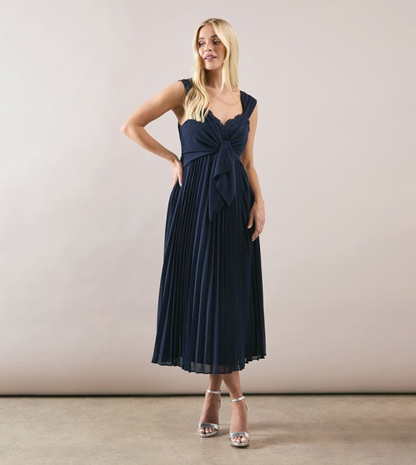 Petite Pleated Tie Front Midi Dress