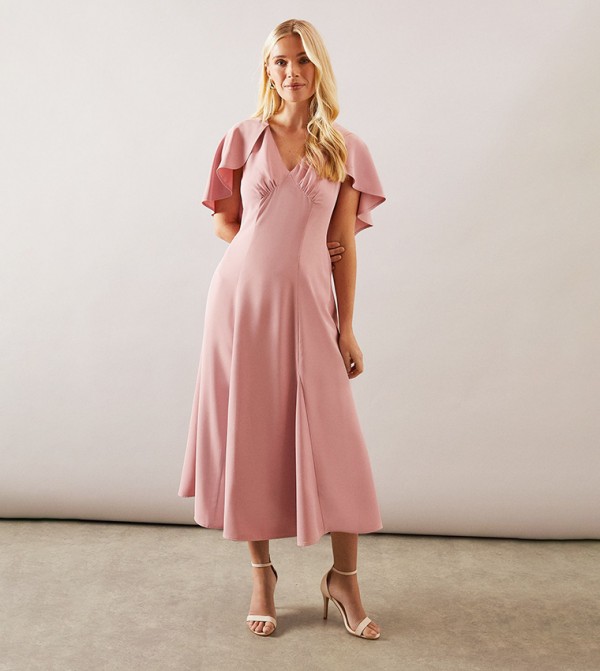 Petite Plain Crepe Cape Midi Dress