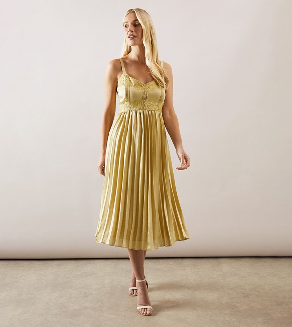 Petite Lace Trim Pleated Strappy Midi Dress
