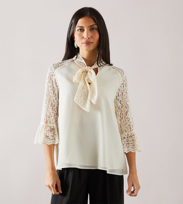 Lace Neck Tie-Up Bell Sleeves Top