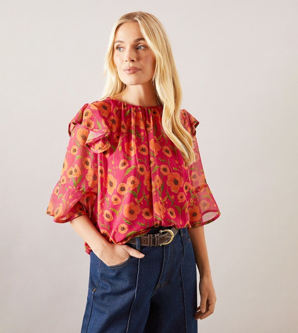 Petite Printed Ruffle Sleeves Top