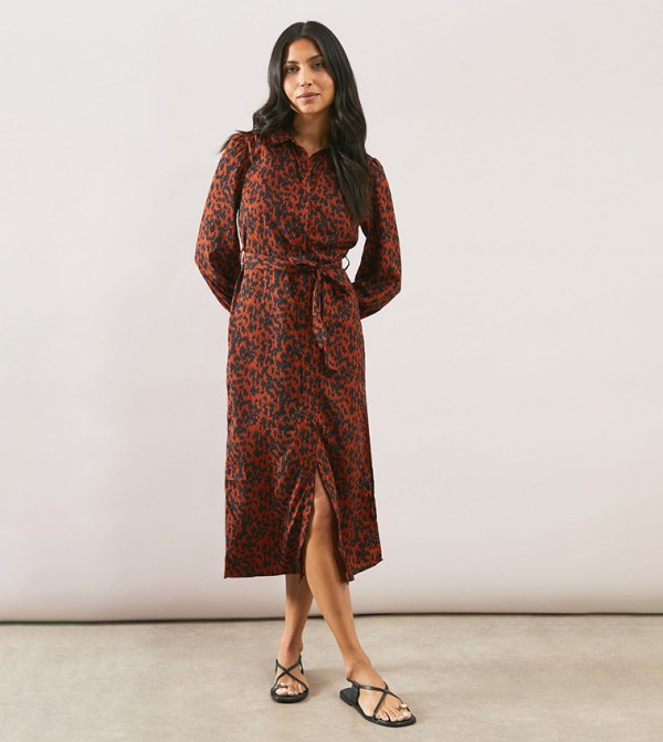 Leopard Long Sleeves Belted Shirt Dress