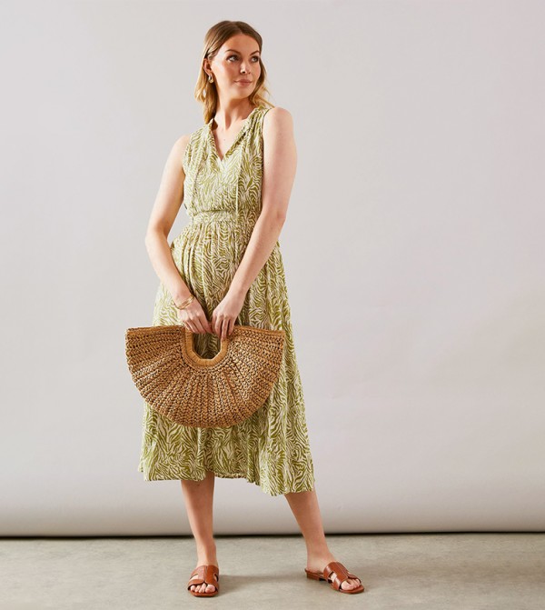 Tropical Print Tie Neck Midi Dress