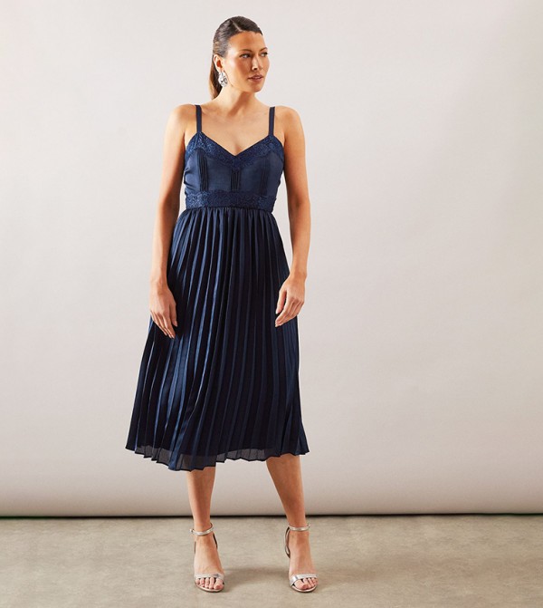 Lace Trim Pleated Strappy Midi Dress