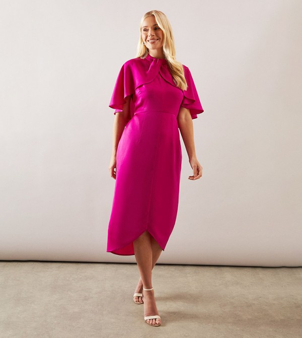 Petite Satin Cape Sleeves Keyhole Dress