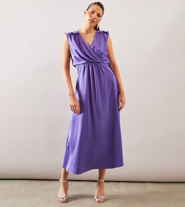 Satin Wrap Gauged Dress