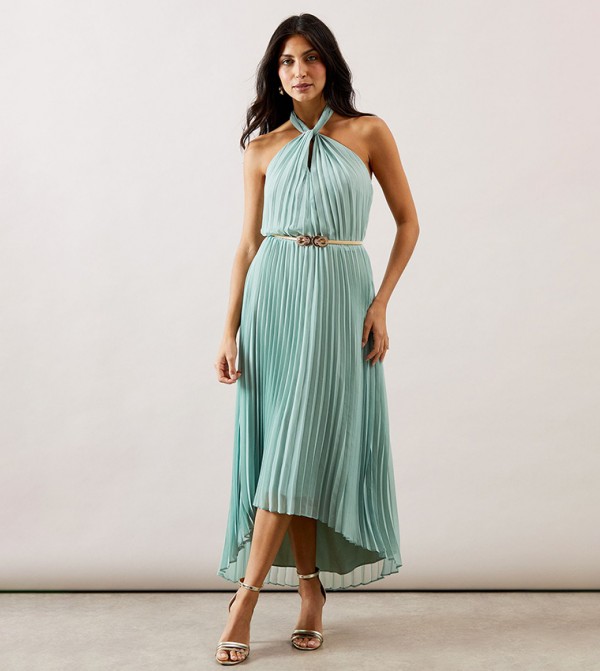 Pleated Halterneck Midi Dress