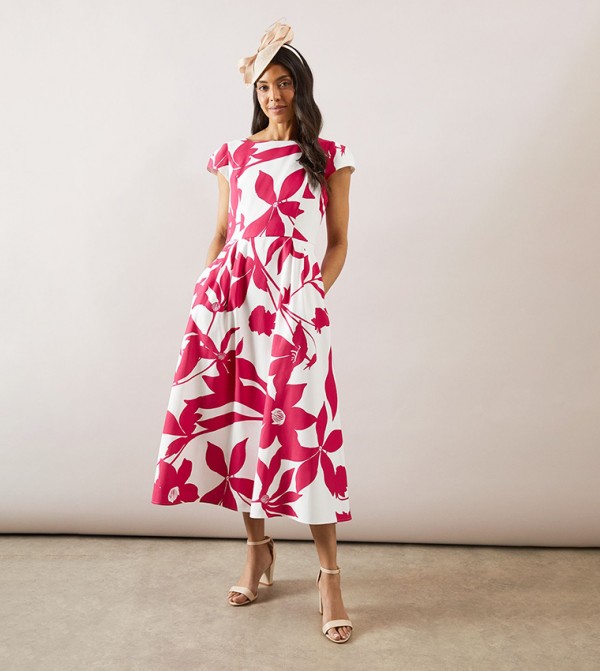 Floral Print Ottoman Fit & Flare Midi Dress