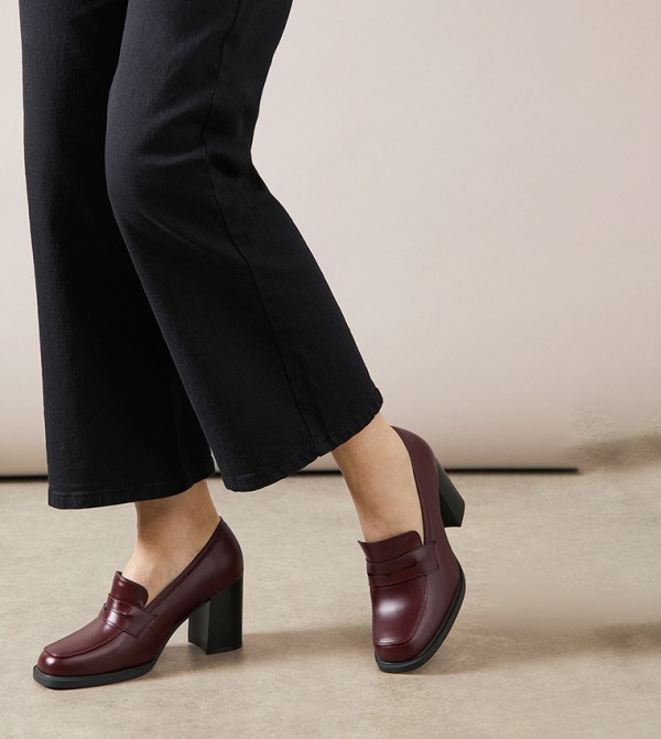 Daphne Faux Leather High Block Heel Penny Loafers