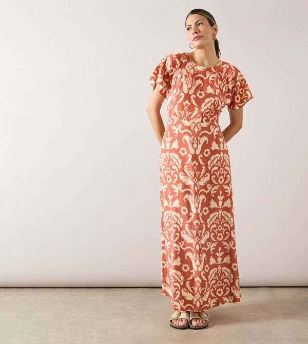 Printed Pleat Detail Midi Dress