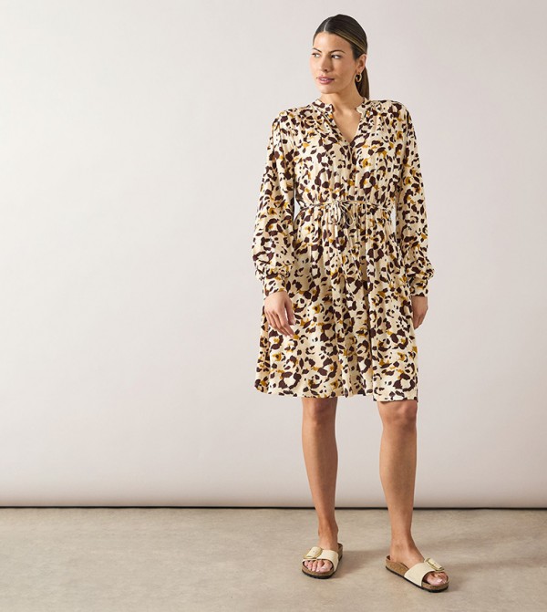 Leopard Print Jersey Pleated Belted Midi Dress
