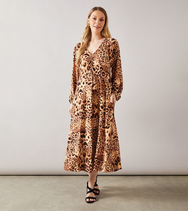 Leopard Print Jersey Ruched Smock Midi Dress