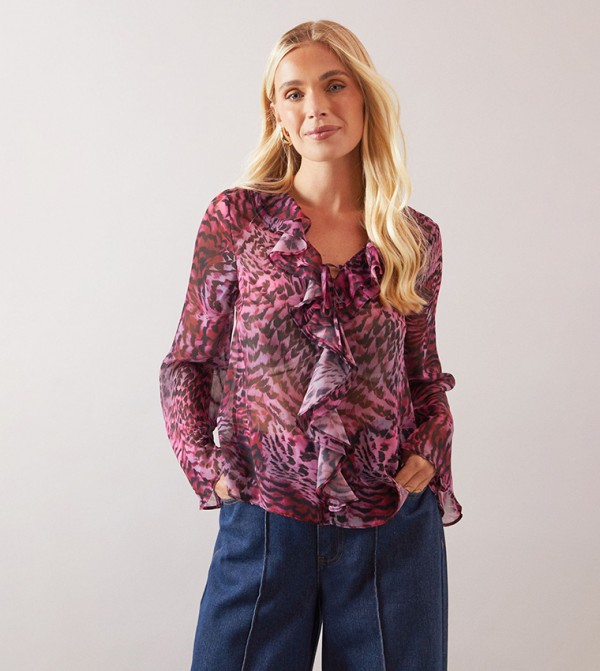 Petite Animal Print Tie Ruffle Top