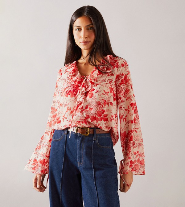 Floral Tie Ruffle Long Sleeves Top