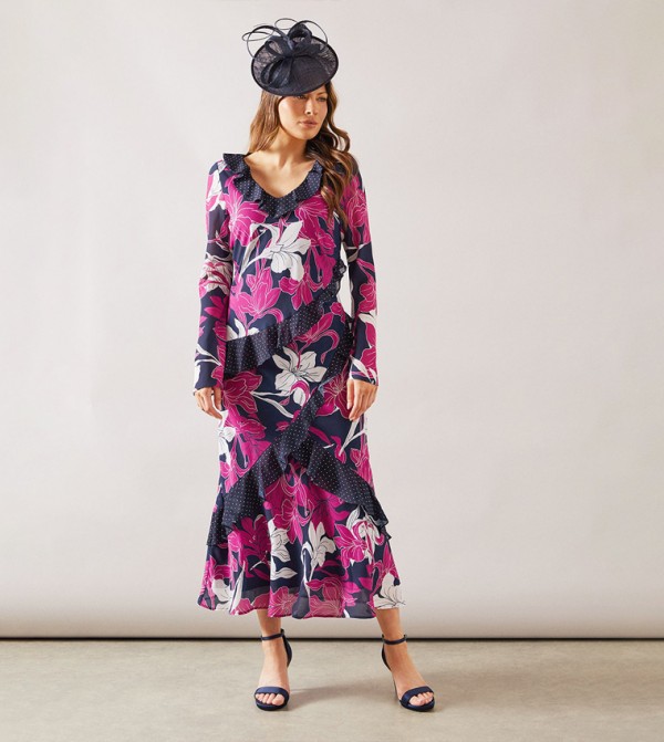 Floral Mixed Print Ruffle Midi Dress