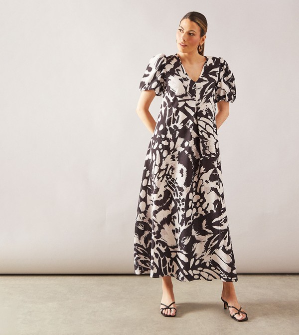 Butterfly Printed V-Neck Midi Dress