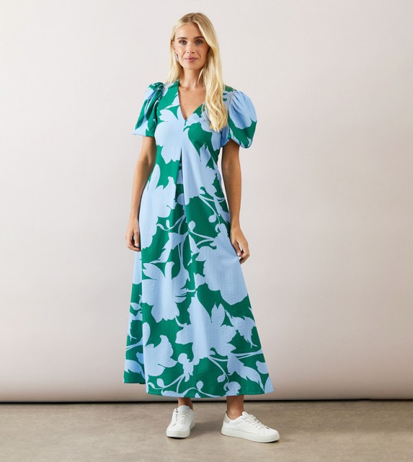 Petite Floral Pleat Puff Sleeves Midaxi Dress