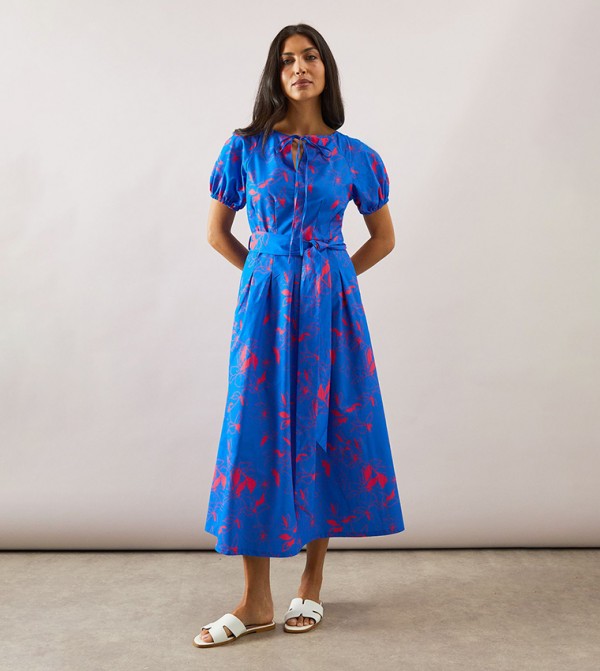 Floral Print  Puff Sleeves Belted Midi Dress