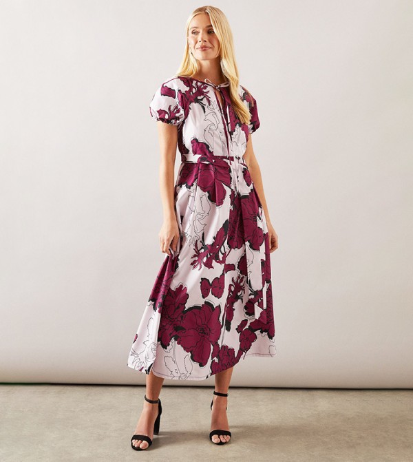 Petite Floral Puff Sleeves Belted Midi Dress
