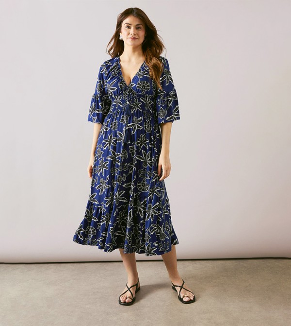 Printed 3/4 Sleeves Shirred Midi Dress