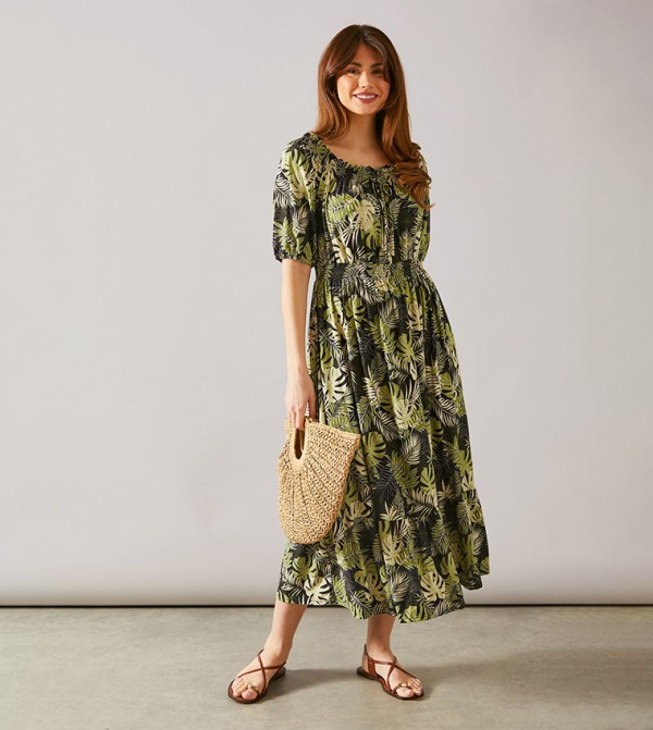 Leaf Print Shirred Detail Midi Dress
