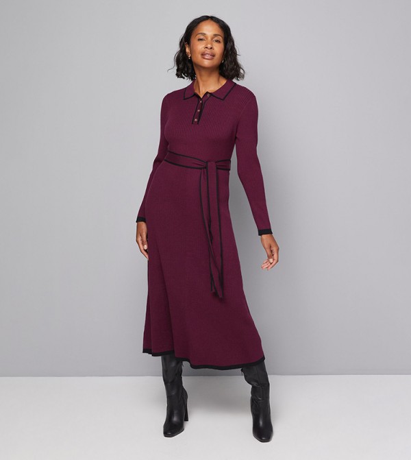 Tipped Belted Knitted Sweater Midi Dress