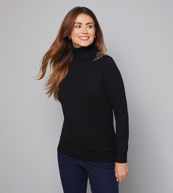Embellished Shoulder Detail Roll Neck Sweater