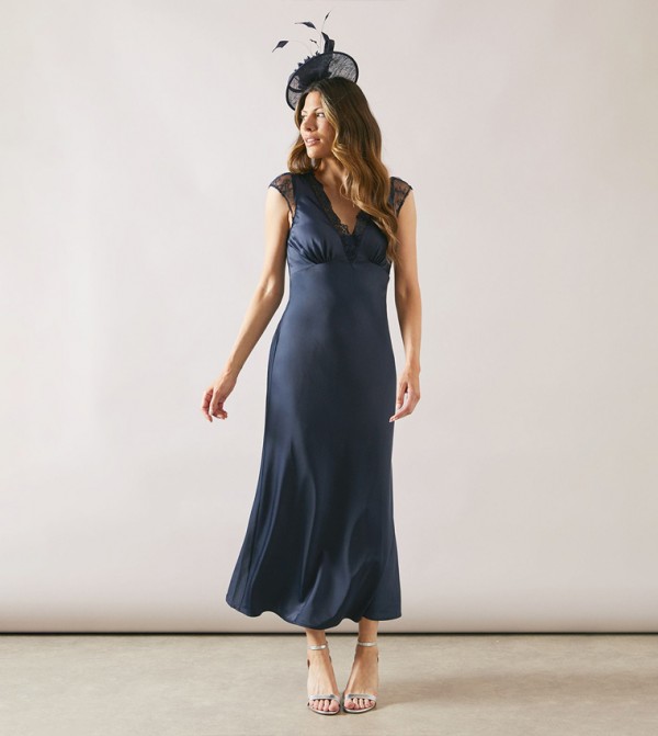 Satin Lace Trim Bias Midaxi Dress