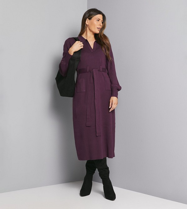 Solid Collared Belted Midi Dress