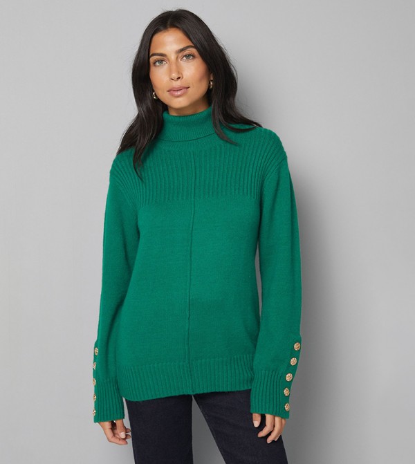 Ribbed Panel Button Sleeves Turtleneck Sweater