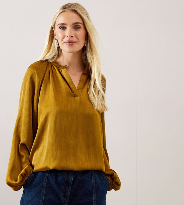 Petite Crinkle Satin Balloon Sleeves Top