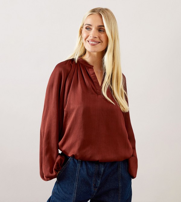 Petite Crinkle Satin Balloon Sleeves Top