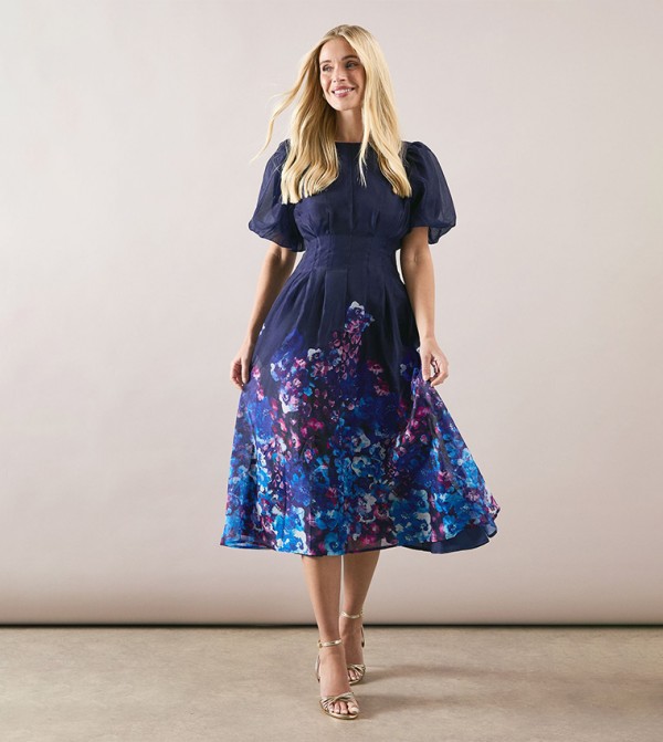 Petite Floral Organza Puff Sleeves Midi Dress