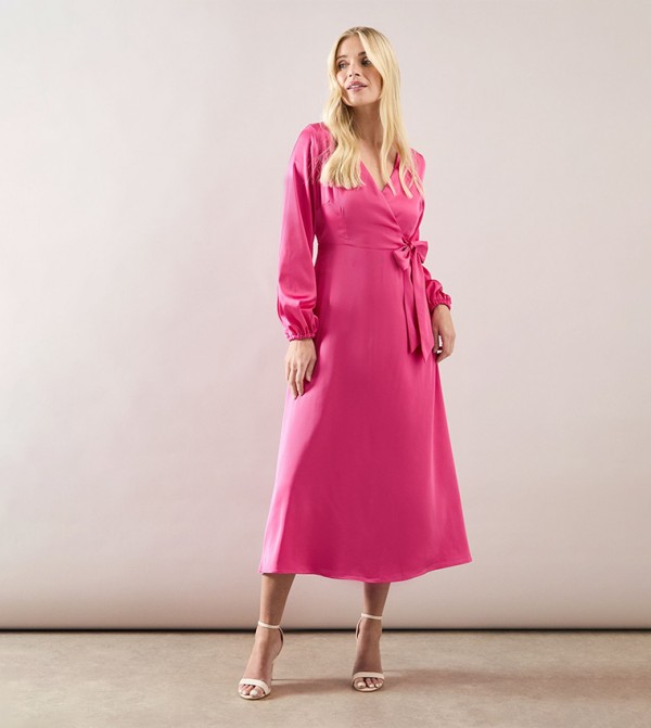 Petite Satin Wrap Midi Dress