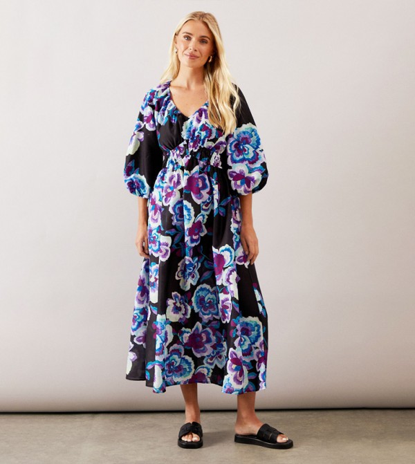 Petite Floral Ruched Waist Midaxi Tea Dress