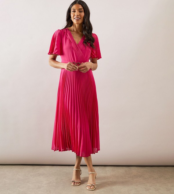 Solid Pleated Buckle Midi Dress