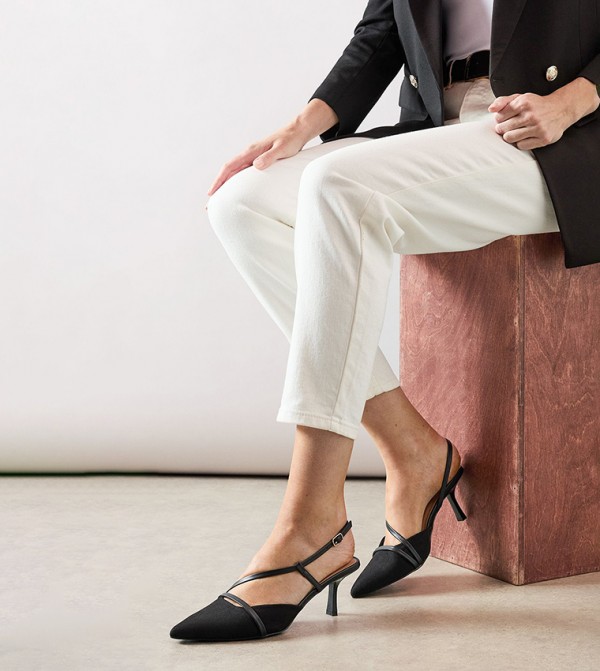 Ellie Faux Suede and Patent Asymmetric Strap Slingback Pumps
