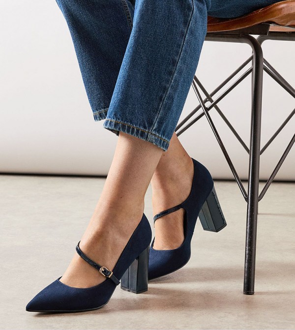 Elodie Faux Suede & Patent Asymmetric Block Heel Pumps