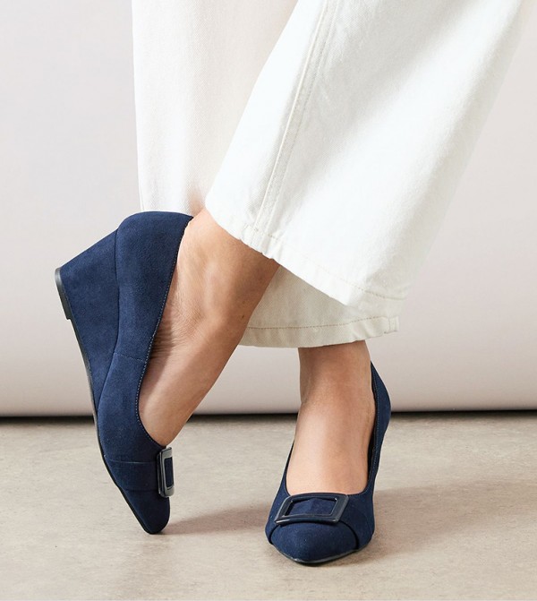 Darwin Faux Suede Almond Toe Covered Buckle Wedge Pumps