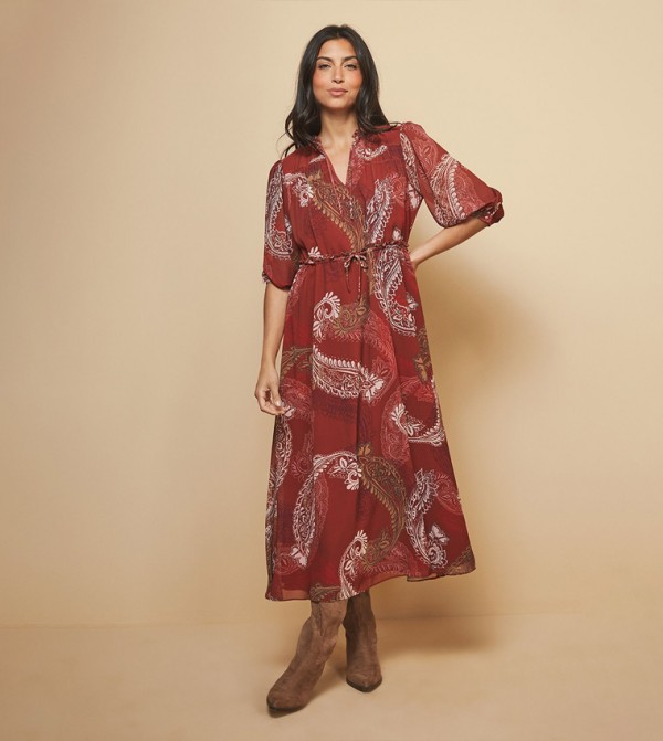 Paisley Printed Shirred Tie Front Midaxi Dress