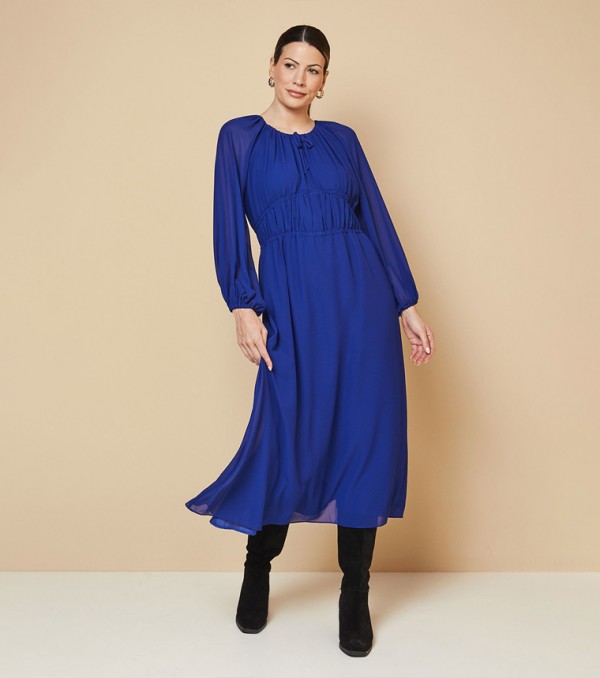 Woven Tie Front Waist Detail Midi Dress