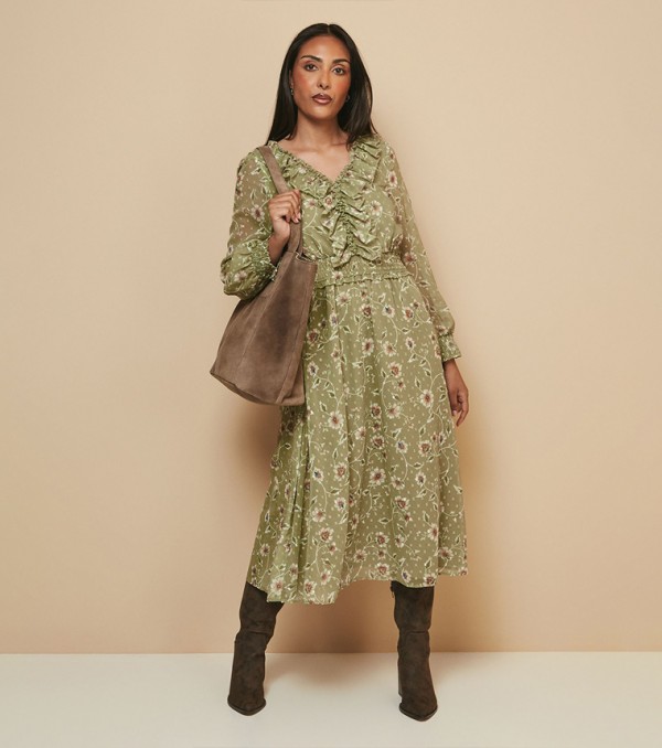 Petite Floral Patterned Ruffled Midi Dress
