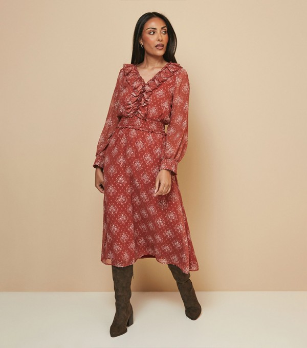 Petite Printed Ruffled Midi Dress
