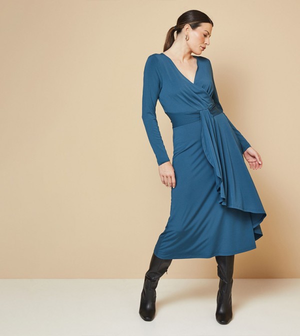 Wrap Front V-Neck Midi Dress