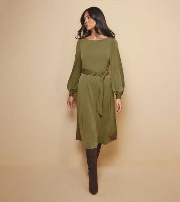 Belted Long Sleeves Midi Dress