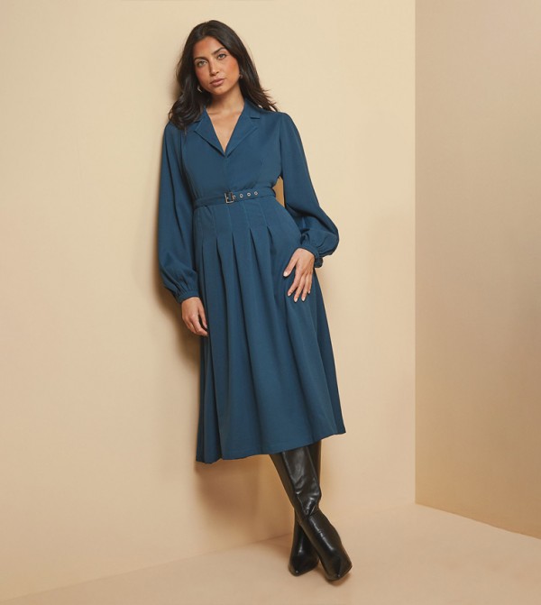 Crepe Collared Belted Midi Dress