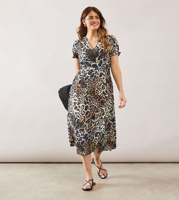 Leopard Print Puff Sleeves Midi Dress