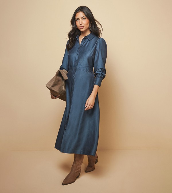 Solid Denim Look Maxi Shirt Dress