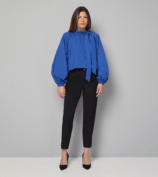 Woven Tie Neck Balloon Sleeves Top
